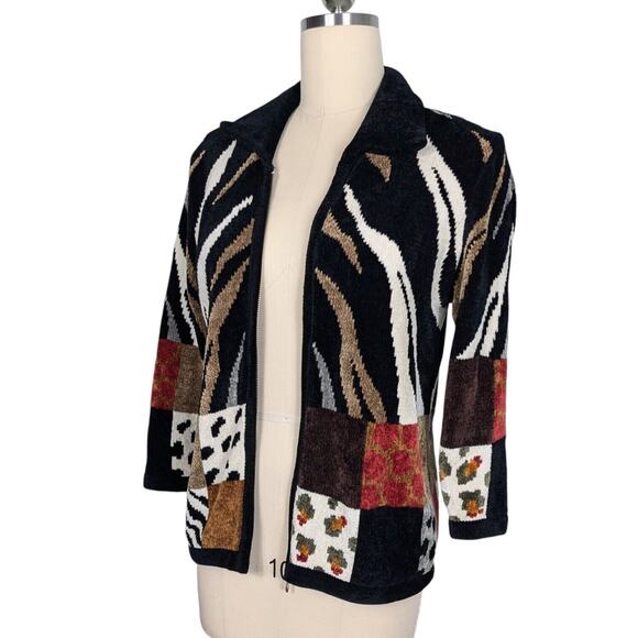 Vintage Cache Cardigan Sweater Full Zip Animal Print Velour Mob Wife Black Tan M - Picture 1 of 12